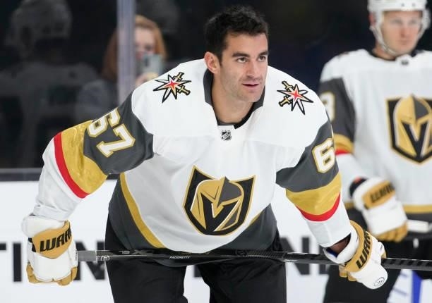 Max Pacioretty of the Vegas Golden Knights warms up prior to against the Los Angeles Kings at T-Mobile Arena on October 01, 2021 in Las Vegas, Nevada.