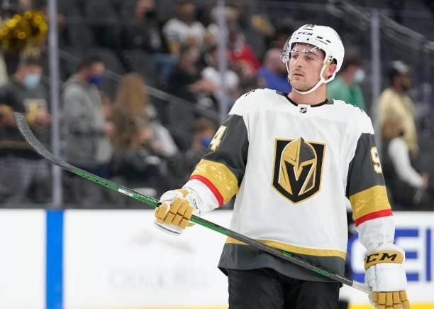 Brayden Pachal of the Vegas Golden Knights warms up prior to against the Los Angeles Kings at T-Mobile Arena on October 01, 2021 in Las Vegas, Nevada.