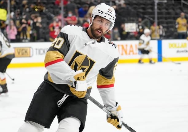 Chandler Stephenson of the Vegas Golden Knights warms up prior to against the Los Angeles Kings at T-Mobile Arena on October 01, 2021 in Las Vegas,...