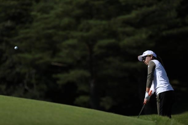 Mika Miyazato of Japan chips onto the 2nd green during the second round of the 54th Japan Women's Open Golf Championship at Karasuyamajo Country Club...