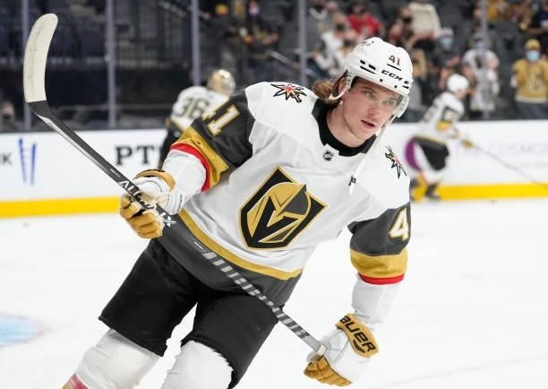 Nolan Patrick of the Vegas Golden Knights warms up prior to against the Los Angeles Kings at T-Mobile Arena on October 01, 2021 in Las Vegas, Nevada.