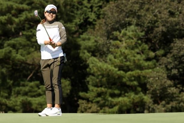 Mika Miyazato of Japan reacts after a putt on the 2nd green during the second round of the 54th Japan Women's Open Golf Championship at Karasuyamajo...