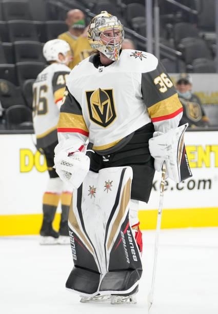 Logan Thompson of the Vegas Golden Knights warms up prior to against the Los Angeles Kings at T-Mobile Arena on October 01, 2021 in Las Vegas, Nevada.