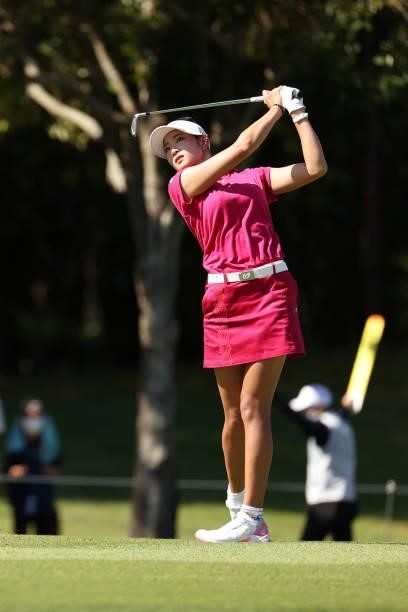 Erika Hara of Japan hits her second shot on the 2nd hole during the second round of the 54th Japan Women's Open Golf Championship at Karasuyamajo...