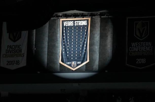 The Vegas Golden Knights unveil a banner on the four-year anniversary of the Route 91 music festival shooting, honoring those who lost their lives,...