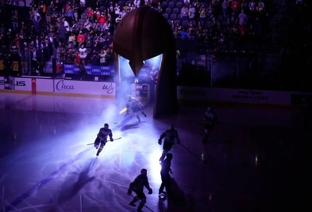 The Vegas Golden Knights take the ice prior to a game against the Los Angeles Kings at T-Mobile Arena on October 01, 2021 in Las Vegas, Nevada.