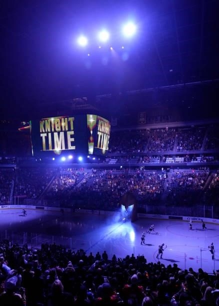 The Vegas Golden Knights take the ice prior to a game against the Los Angeles Kings at T-Mobile Arena on October 01, 2021 in Las Vegas, Nevada.