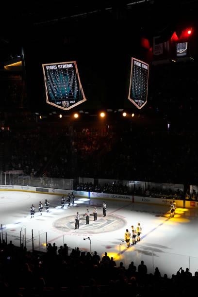 The Vegas Golden Knights unveil a banner on the four-year anniversary of the Route 91 music festival shooting, honoring those who lost their lives,...