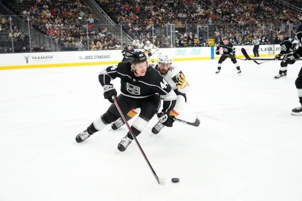 Mikey Anderson of the Los Angeles Kings skates during the first period of a game against the Vegas Golden Knights at T-Mobile Arena on October 01,...