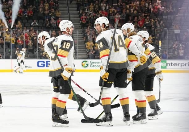 Daniil Miromanov of the Vegas Golden Knights celebrates after scoring a goal during the first period against the Los Angeles Kings at T-Mobile Arena...