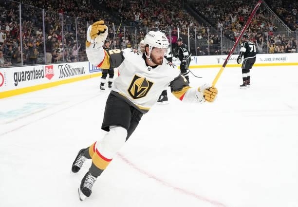Daniil Miromanov of the Vegas Golden Knights celebrates after scoring a goal during the first period against the Los Angeles Kings at T-Mobile Arena...