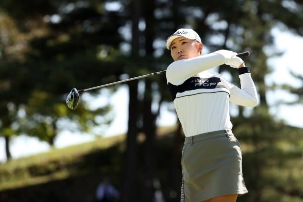 Rio Ishii of Japan hits her tee shot on the 12th hole during the second round of the 54th Japan Women's Open Golf Championship at Karasuyamajo...