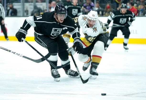 Anze Kopitar of the Los Angeles Kings skates during the second period against the Vegas Golden Knights at T-Mobile Arena on October 01, 2021 in Las...