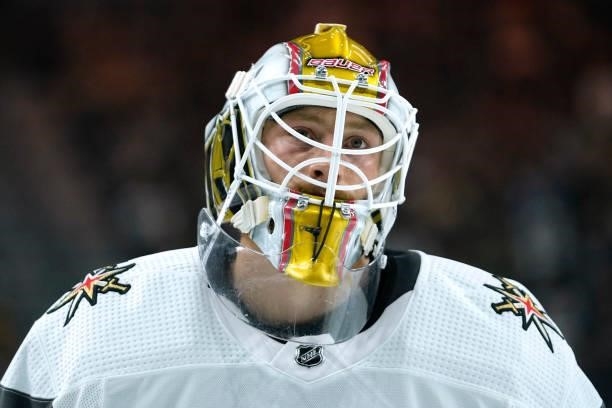 Laurent Brossoit of the Vegas Golden Knights tends net during the second period against the Los Angeles Kings at T-Mobile Arena on October 01, 2021...