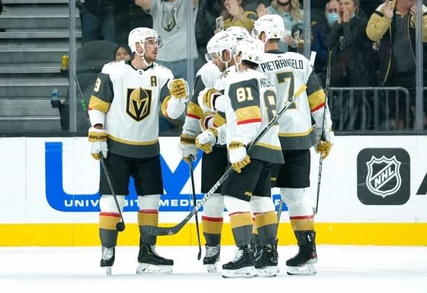 Alec Martinez of the Vegas Golden Knights celebrates after scoring a goal during the second period against the Los Angeles Kings at T-Mobile Arena on...