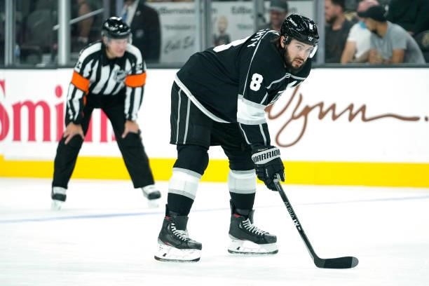 Drew Doughty of the Los Angeles Kings skates during the second period against the Vegas Golden Knights at T-Mobile Arena on October 01, 2021 in Las...