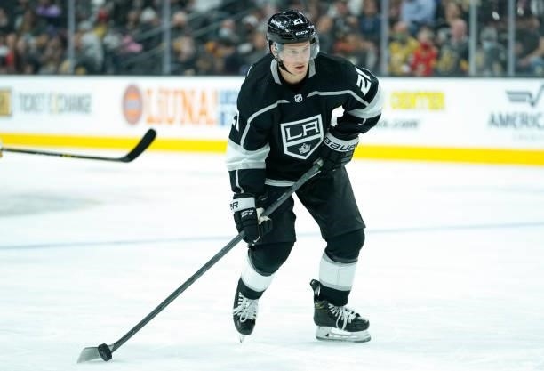Vladimir Tkachyov of the Los Angeles Kings skates during the second period against the Vegas Golden Knights at T-Mobile Arena on October 01, 2021 in...