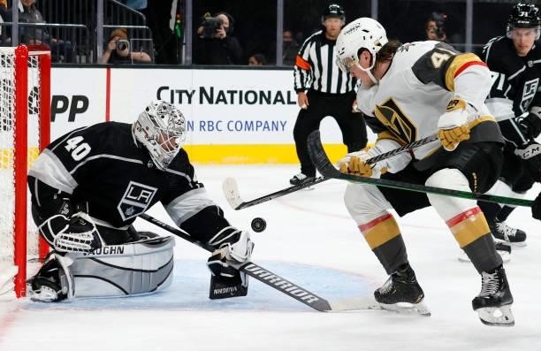 Calvin Petersen Petersen of the Los Angeles Kings defends the net against Nolan Patrick Vegas Golden Knights during a Vegas power play in the second...