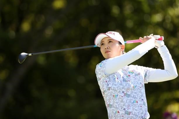 Shina Kanazawa of Japan hits her tee shot on the 4th hole during the second round of the 54th Japan Women's Open Golf Championship at Karasuyamajo...