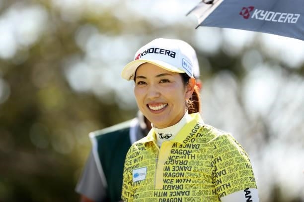 Ritsuko Ryu of Japan smiles on the 4th tee during the second round of the 54th Japan Women's Open Golf Championship at Karasuyamajo Country Club on...