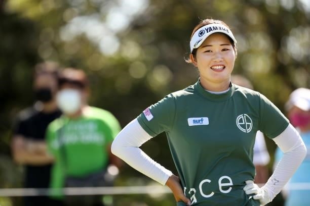 Nozomi Uetake of Japan smiles on the 4th tee during the second round of the 54th Japan Women's Open Golf Championship at Karasuyamajo Country Club on...