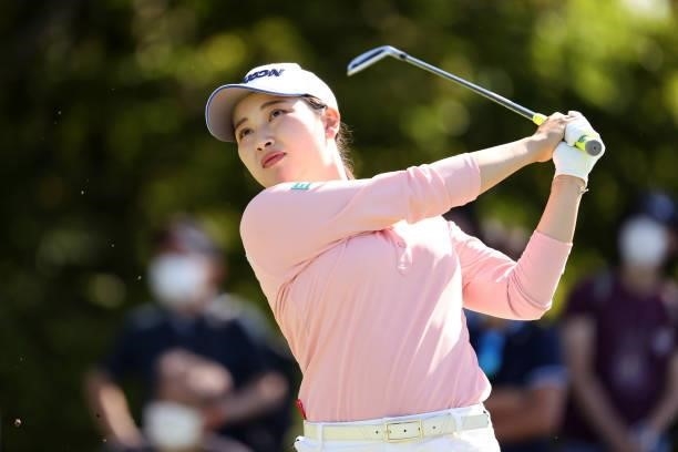Sakura Koiwai of Japan hits her tee shot on the 4th hole during the second round of the 54th Japan Women's Open Golf Championship at Karasuyamajo...