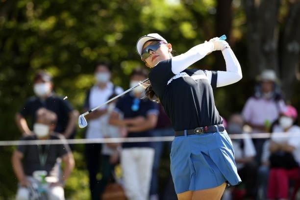 Yuri Yoshida of Japan hits her tee shot on the 4th hole during the second round of the 54th Japan Women's Open Golf Championship at Karasuyamajo...