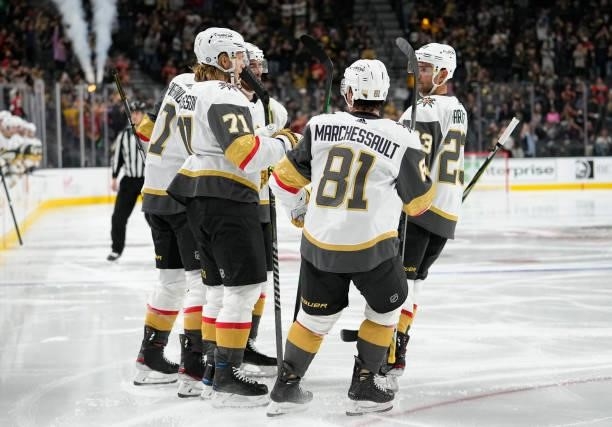 William Karlsson of the Vegas Golden Knights celebrates after scoring a goal during the third period against the Los Angeles Kings at T-Mobile Arena...