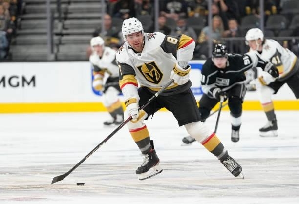 Jack Dugan of the Vegas Golden Knights skates during the third period against the Los Angeles Kings at T-Mobile Arena on October 01, 2021 in Las...