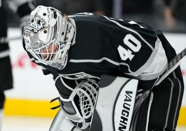 Calvin Petersen of the Los Angeles Kings tends net during the third period against the Vegas Golden Knights at T-Mobile Arena on October 01, 2021 in...
