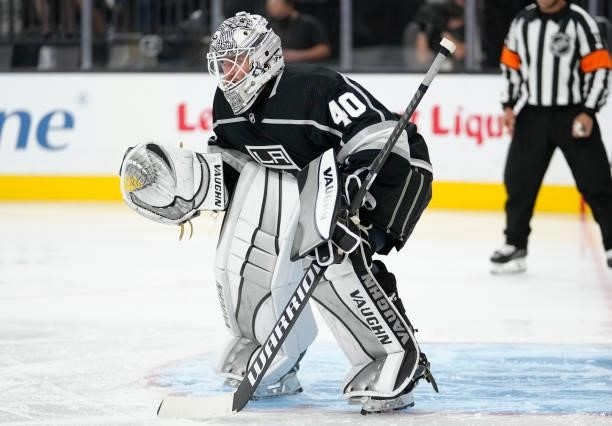 Calvin Petersen of the Los Angeles Kings tends net during the third period against the Vegas Golden Knights at T-Mobile Arena on October 01, 2021 in...