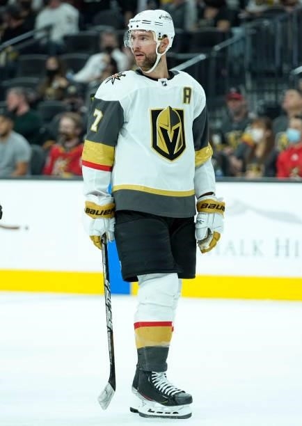 Alex Pietrangelo of the Vegas Golden Knights skates during the second period against the Los Angeles Kings at T-Mobile Arena on October 01, 2021 in...