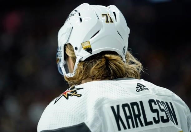 William Karlsson of the Vegas Golden Knights skates during the second period against the Los Angeles Kings at T-Mobile Arena on October 01, 2021 in...