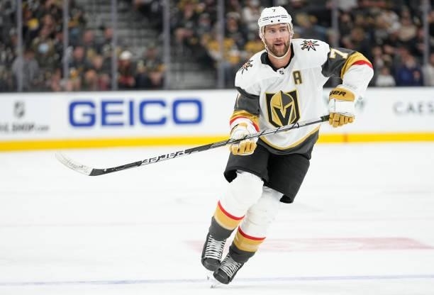 Alex Pietrangelo of the Vegas Golden Knights skates during the third period against the Los Angeles Kings at T-Mobile Arena on October 01, 2021 in...