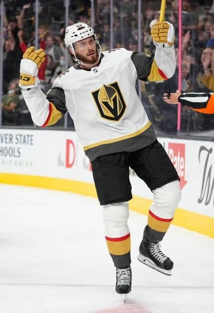 Daniil Miromanov of the Vegas Golden Knights celebrates after scoring a goal during the third period against the Los Angeles Kings at T-Mobile Arena...