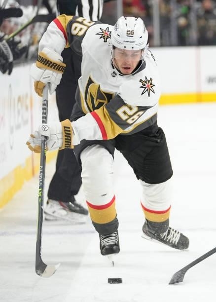 Mattias Janmark of the Vegas Golden Knights skates during the third period against the Los Angeles Kings at T-Mobile Arena on October 01, 2021 in Las...