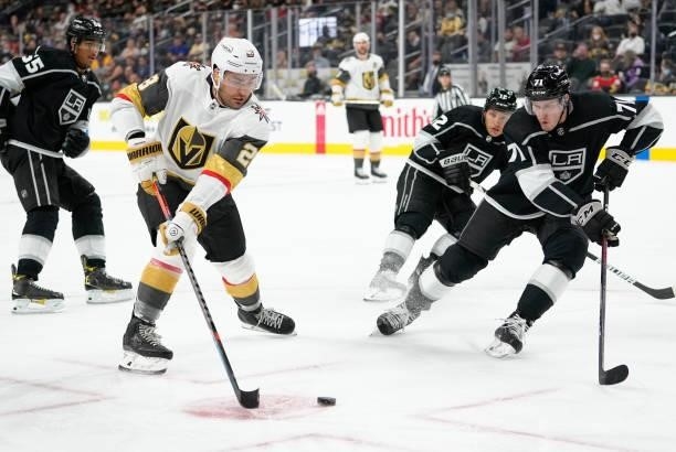William Carrier of the Vegas Golden Knights skates during the third period against the Los Angeles Kings at T-Mobile Arena on October 01, 2021 in Las...