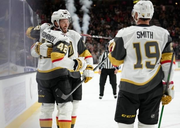 Daniil Miromanov of the Vegas Golden Knights celebrates after scoring a goal during the third period against the Los Angeles Kings at T-Mobile Arena...