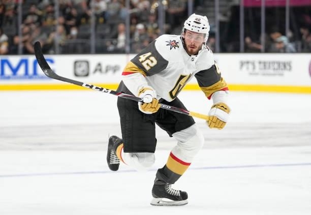 Daniil Miromanov of the Vegas Golden Knights skates during the third period against the Los Angeles Kings at T-Mobile Arena on October 01, 2021 in...