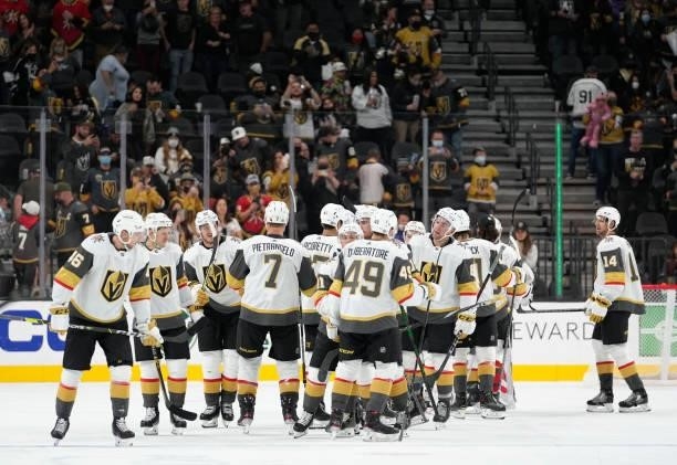 The Vegas Golden Knights celebrate after defeating the Los Angeles Kings at T-Mobile Arena on October 01, 2021 in Las Vegas, Nevada.