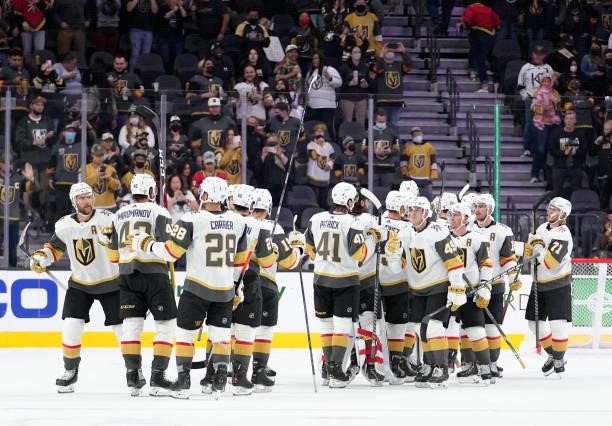 The Vegas Golden Knights celebrate after defeating the Los Angeles Kings at T-Mobile Arena on October 01, 2021 in Las Vegas, Nevada.