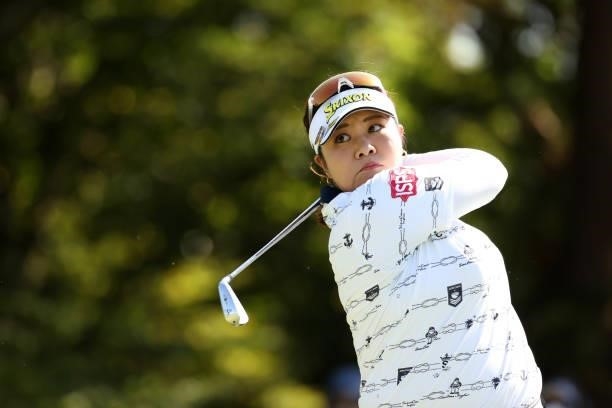 Miki Sakai of Japan hits her tee shot on the 4th hole during the second round of the 54th Japan Women's Open Golf Championship at Karasuyamajo...