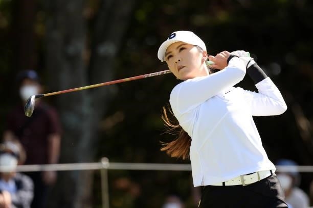 Erika Kikuchi of Japan hits her tee shot on the 4th hole during the second round of the 54th Japan Women's Open Golf Championship at Karasuyamajo...