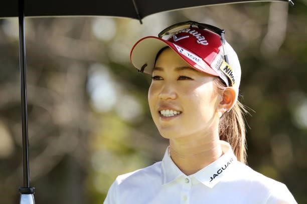 Momoko Ueda of Japan smiles on the 4th hole during the second round of the 54th Japan Women's Open Golf Championship at Karasuyamajo Country Club on...