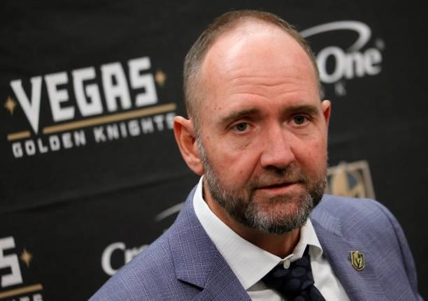 Head coach Peter DeBoer of the Vegas Golden Knights speaks during a news conference after his team's 4-0 victory over the Los Angeles Kings in a...