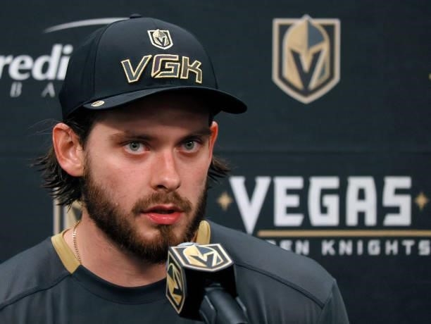 Daniil Miormanov of the Vegas Golden Knights speaks during a news conference after the team's 4-0 victory over the Los Angeles Kings in a preseason...