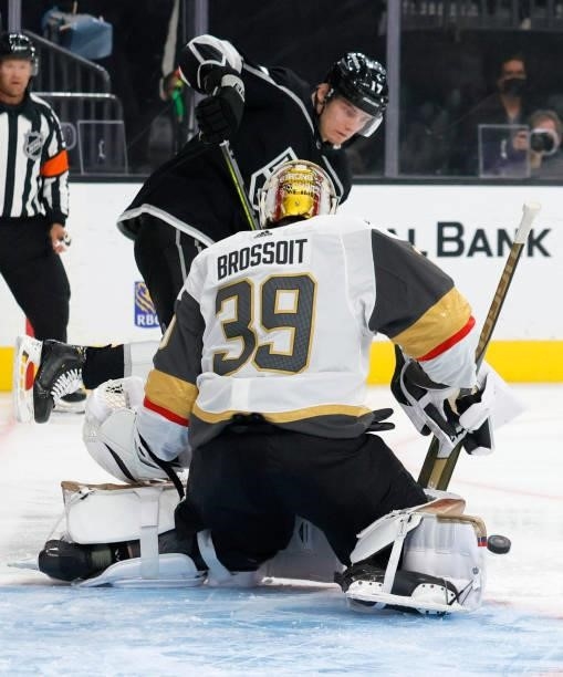 Laurent Brossoit of the Vegas Golden Knights blocks a shot by Lias Andersson of the Los Angeles Kings in the first period of their preseason game at...