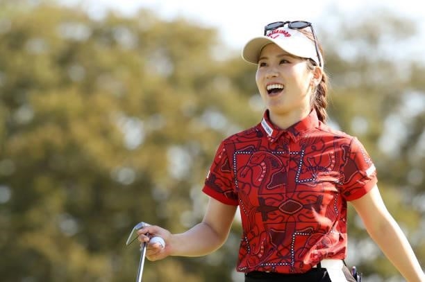 Yuna Nishimura of Japan smiles on the 8th green during the second round of the 54th Japan Women's Open Golf Championship at Karasuyamajo Country Club...