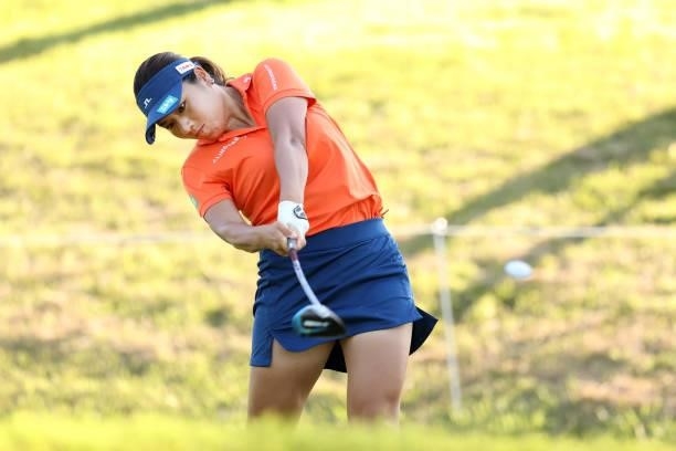 Eri Okayama of Japan hits her tee shot on the 9th hole during the second round of the 54th Japan Women's Open Golf Championship at Karasuyamajo...
