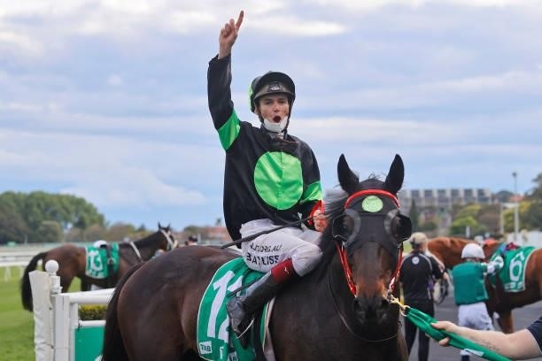 Regan Bayliss on Private Eye returns to scale after winning race 8 the TAB Epsom during Sydney Racing on Epsom Day at Royal Randwick Racecourse on...